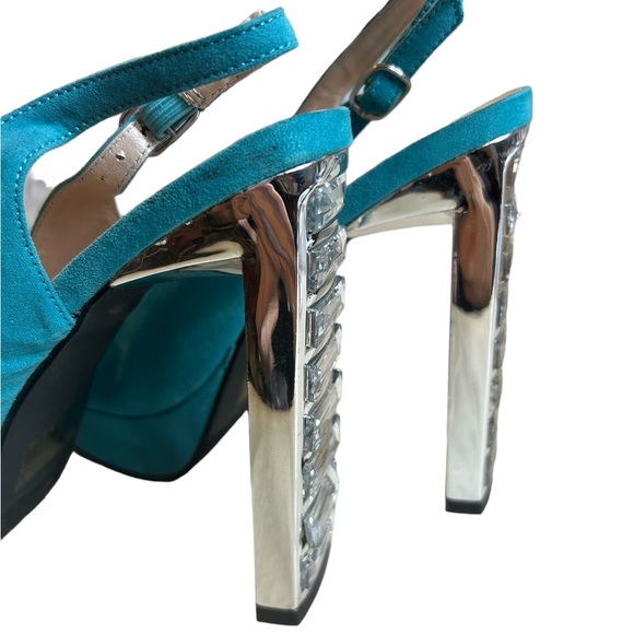 Teal Platform High Heels Size 8.5 Womens Block Heel 4.5” Faux Suede Bling Silver - Picture 4 of 13